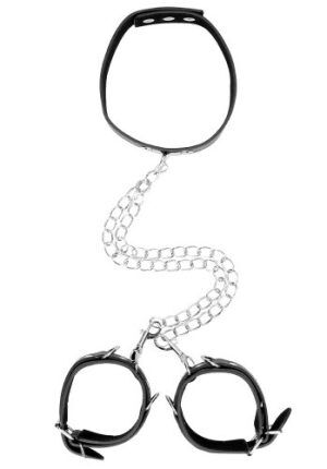 Black & White Bonded Leather Collar with Wrist Cuffs