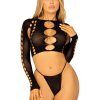 Leg Avenue: Long Sleeve Crop Top & String, svart, One Size