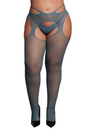 Suspender pantyhose with strappy waist, blue - Queen Size