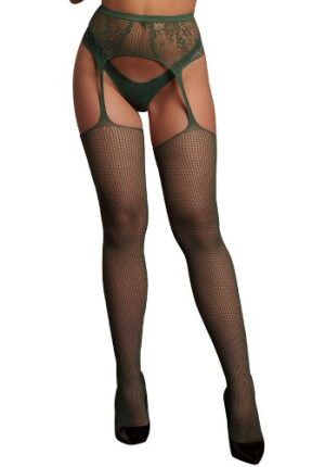 Fishnet and lace garterbelt stockings, green