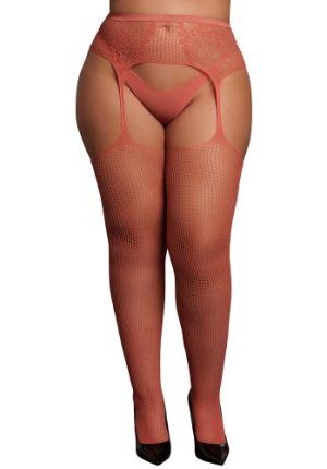 Fishnet and lace garterbelt stockings, red - Queen Size