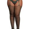 Fishnet and lace garterbelt stockings, green - Queen Size