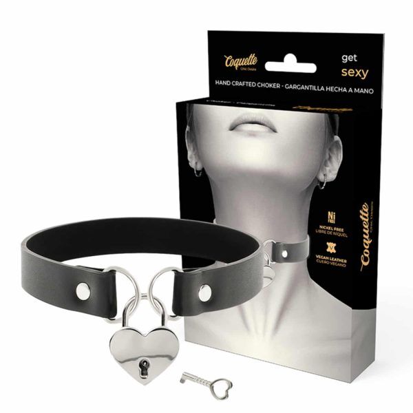 Halsband Choker i Veganskt läder med hjärtformat hänglås med nyckel - Svart