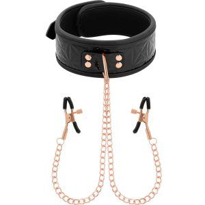 Halsband i veganskt läder med kedjelänkade Bröstklämmor - Svart