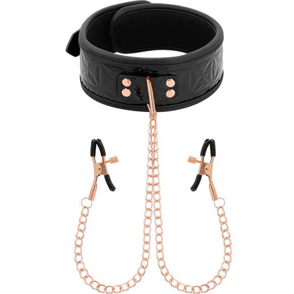Halsband i veganskt läder med kedjelänkade Bröstklämmor - Svart