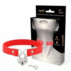 Halsband Choker i Veganskt läder med hjärtformat hänglås med nyckel - Röd