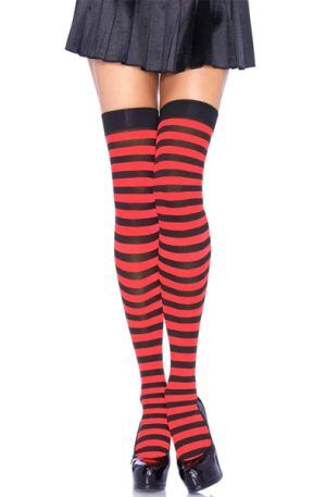 Striped Nylon Thigh Highs Black/Red O/S Stay-ups
