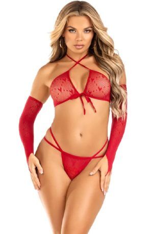 Leg Avenue Crop Top, G-String & Gloves Red O/S BH & BH-set