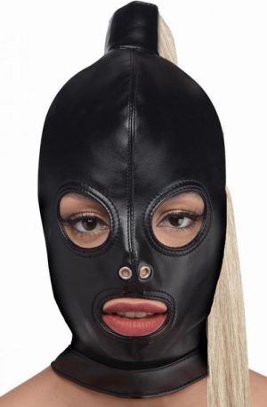 Strict Blonde Ponytail Bondage Hood Black BDSM mask