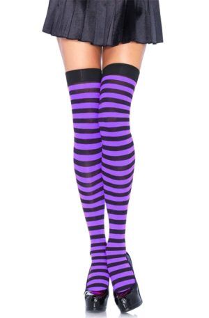 Striped Nylon Thigh Highs Black/Purple O/S Strumpbyxor
