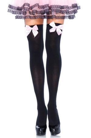 Nylon Thigh Highs With Bow Black/Pink O/S Strumpor