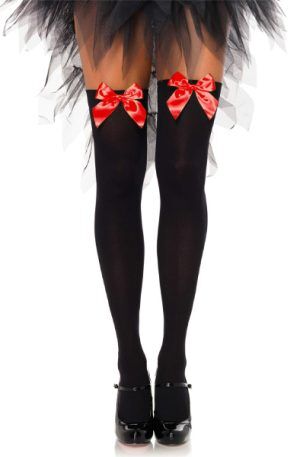 Nylon Thigh Highs With Bow Black/Red O/S Strumpbyxor