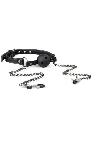 Easytoys Open Ball Gag With Nipple Clamps Gagball med bröstklämmor