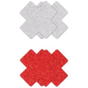 Glitter Cross Pasties Silver & Red 2 Pair