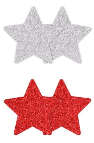 Pretty Pasties Glitter Stars Red Silver 2 Pair Nipple covers