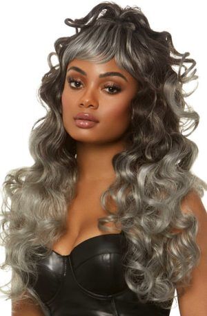 Long Curly Wispy Bang Wig Grey Peruk