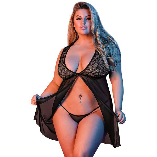 Magic Silk Fly Away Babydoll Set i Spets Plus Size - Svart - Plus size
