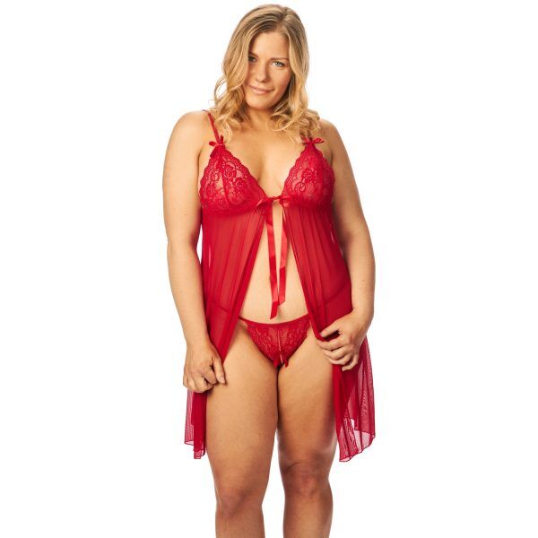 NORTIE Gro Babydoll i Röd Spets Set Plus-Size - Röd - Plus size