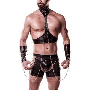 Grey Velvet Men Halterneck Wetlook Bondage Set - Svart - 2XL/3XL