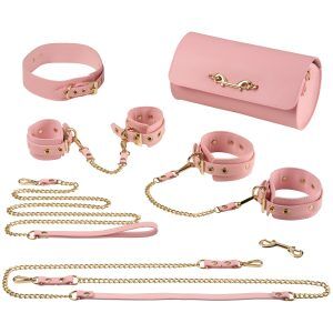 Kiotos Läder BDSM Deluxe Bondagekit med 5 produkter - Ljusrosa