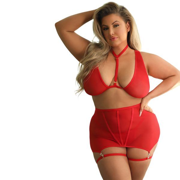 Fantasy Lingerie Tease VAUGHN Bralette, Garterad kjol & Stringtrosa Plus Size - Röd - XL/2XL