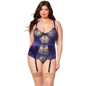 Seven 'til Midnight Satin & Eyelash Bustier Set Plus Size - Mörkblå - 3XL/4XL