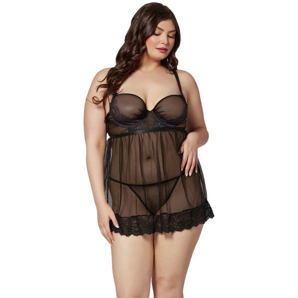 Seven 'til Midnight Svart Tvådelad Babydoll & Stringtrosa Plus Size - Svart - 3XL/4XL
